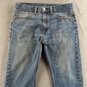 Levis Jeans Mens 34x30 Blue Straight 505 Wallet Faded Whiskers Denim Cotton